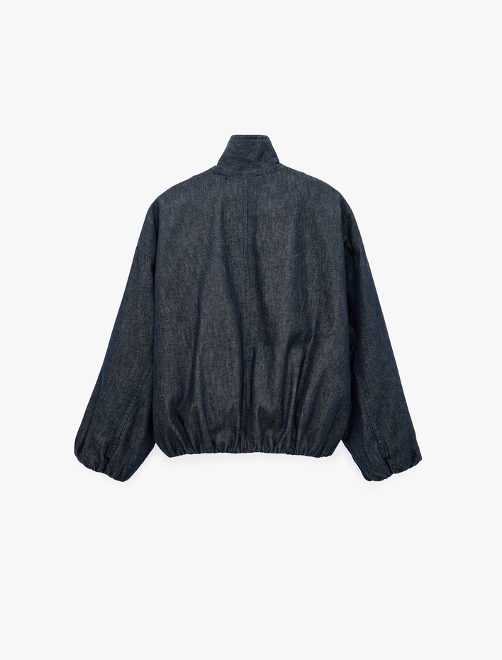  Uzun Kollu Dik Yaka Süslü Düğmeli Denim Bomber Ceket