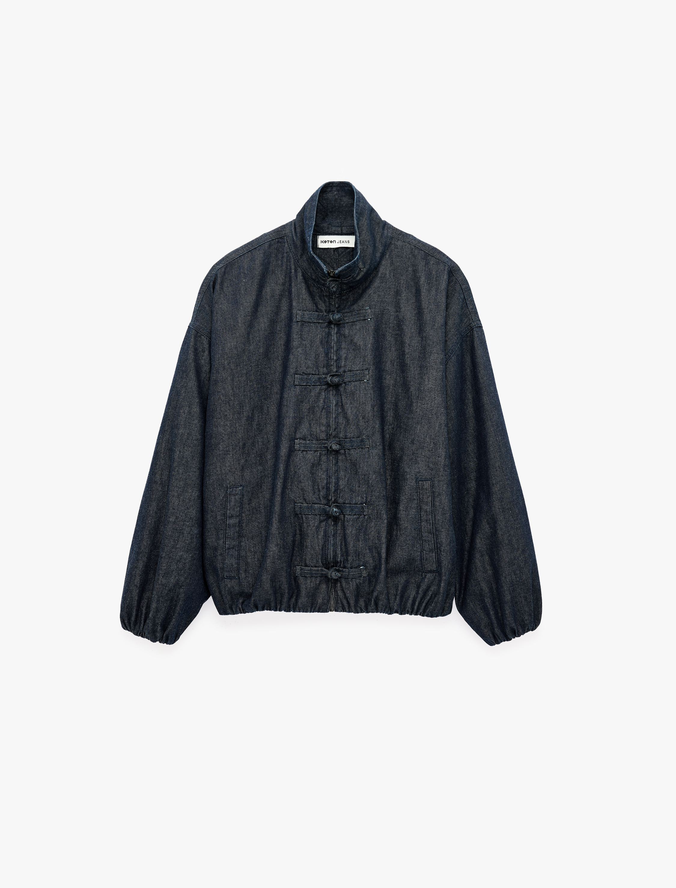  Uzun Kollu Dik Yaka Süslü Düğmeli Denim Bomber Ceket