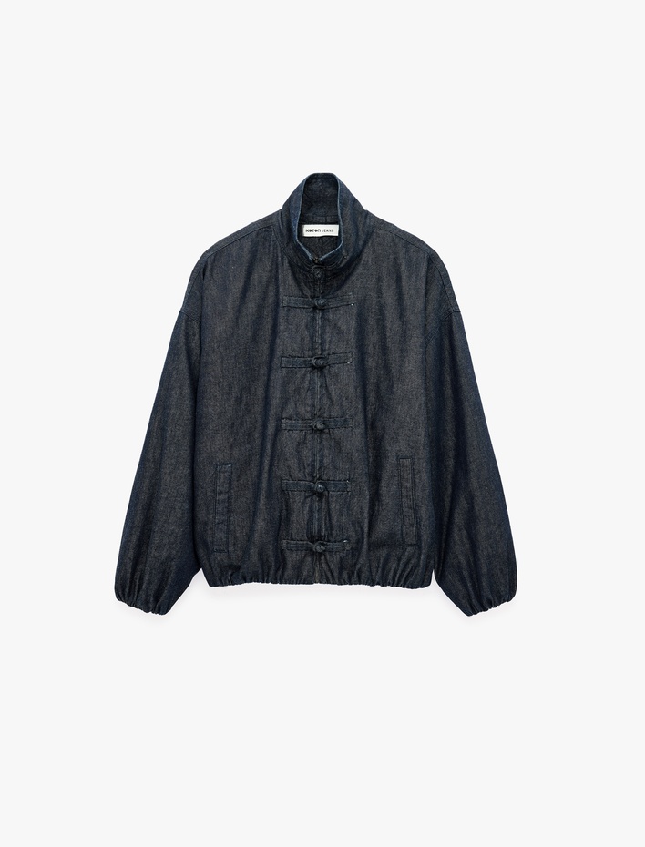  Uzun Kollu Dik Yaka Süslü Düğmeli Denim Bomber Ceket