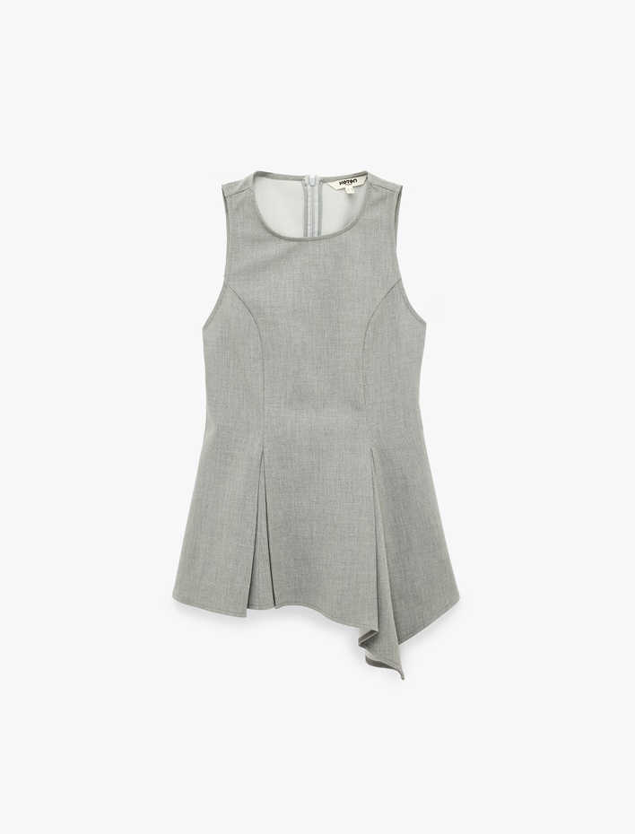  Bisiklet Yaka Kolsuz Asimetrik Pileli Peplum Bluz