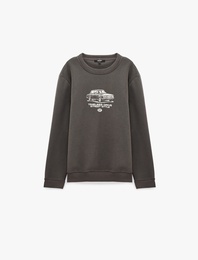 Üç İplik Şardonlu Uzun Kollu Bisiklet Yaka Baskılı Sweatshirt