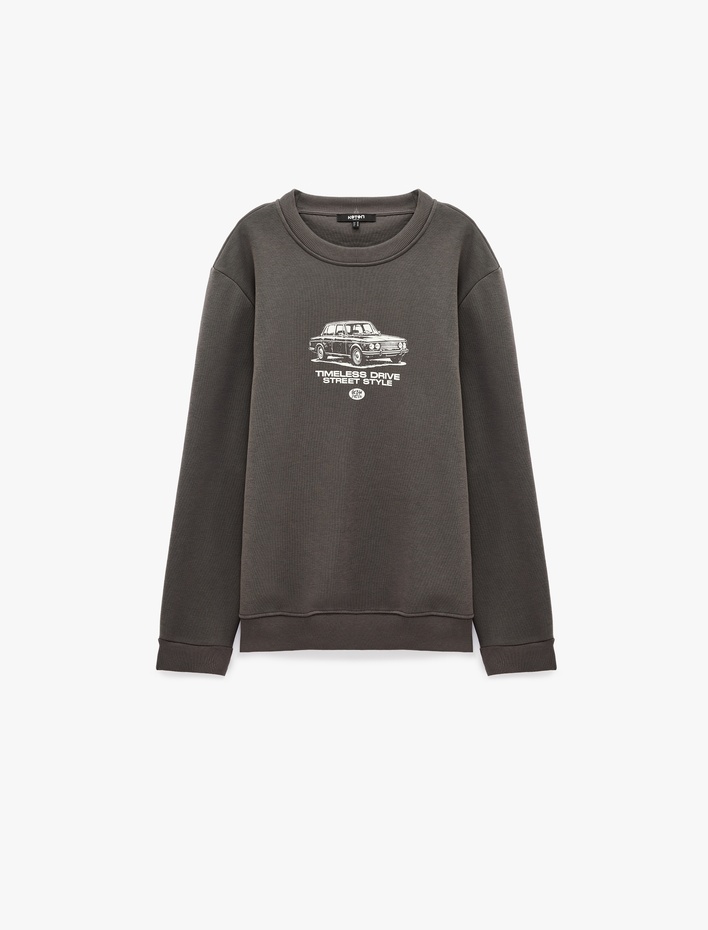  Üç İplik Şardonlu Uzun Kollu Bisiklet Yaka Baskılı Sweatshirt