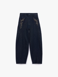 Rahat Kalıp Pamuklu Taş İşlemeli Barrel Denim Pantolon - Barrel Jeans