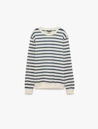 Uzun Kollu Üç İplik Şardonlu Bisiklet Yaka Çizgili Sweatshirt