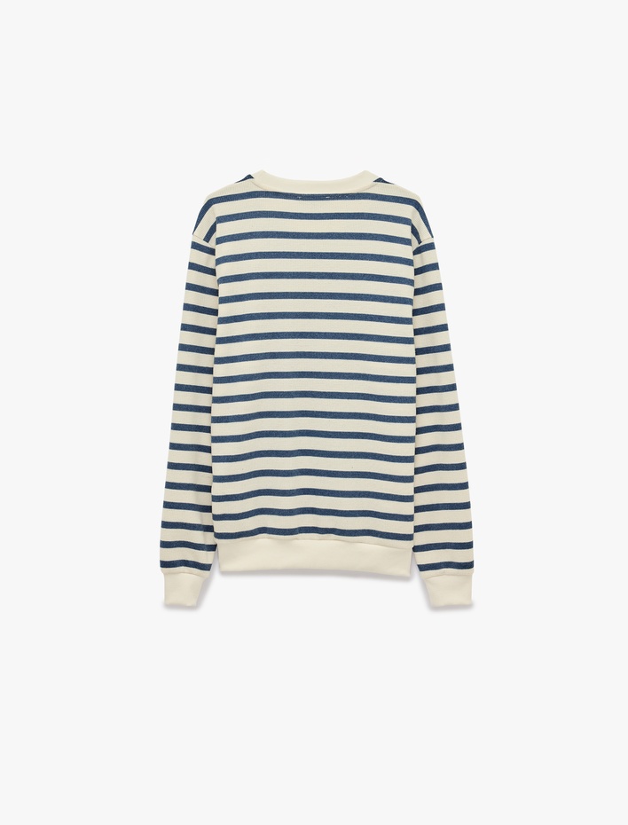  Uzun Kollu Üç İplik Şardonlu Bisiklet Yaka Çizgili Sweatshirt