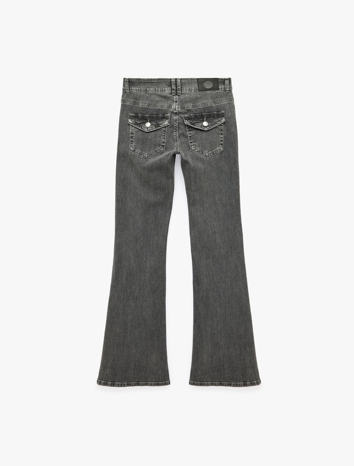 Kemer Detaylı Düşük Bel Dar Kesim İspanyol Paça Jean Pantolon - Flare Jeans