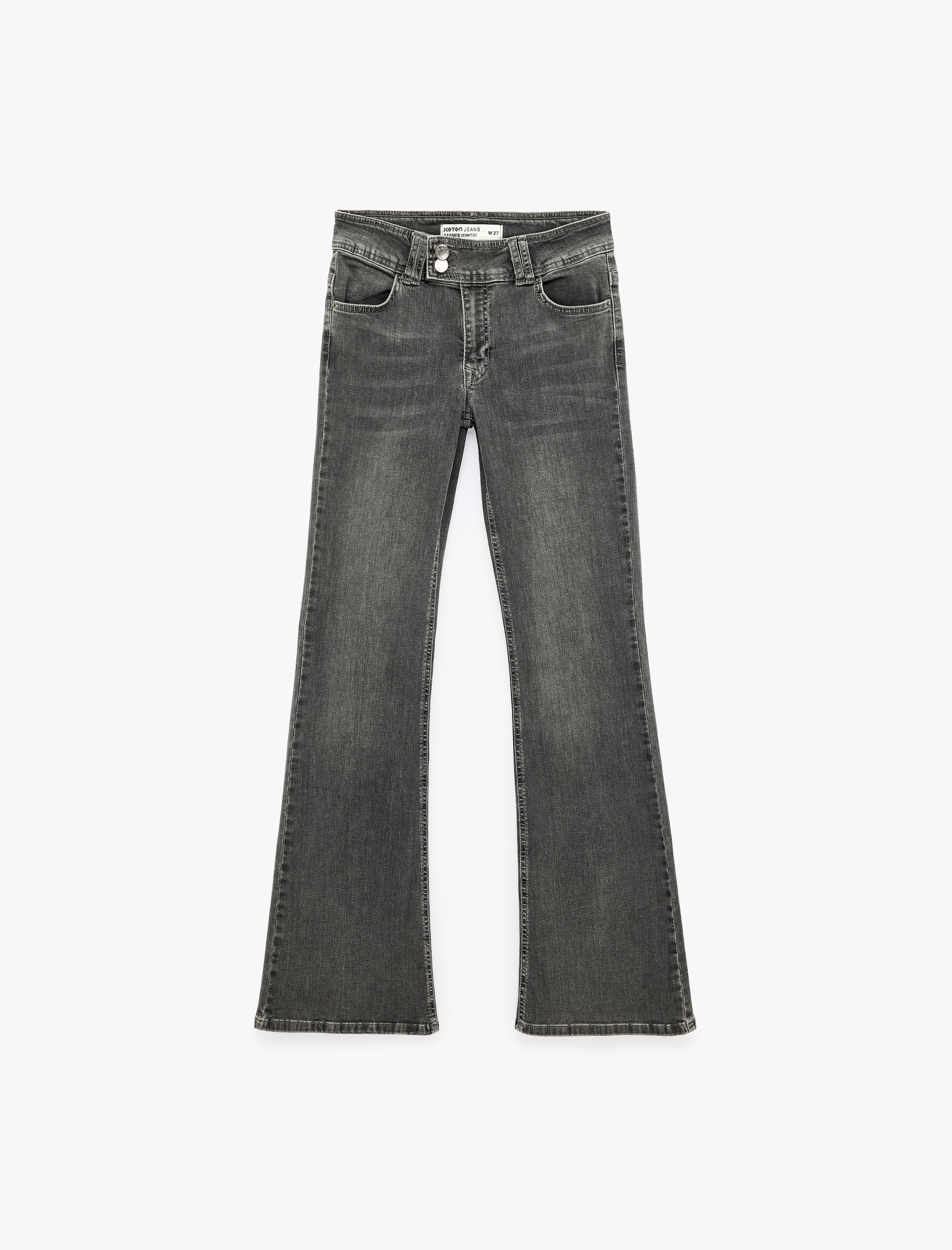   Kemer Detaylı Düşük Bel Dar Kesim İspanyol Paça Jean Pantolon - Flare Jeans