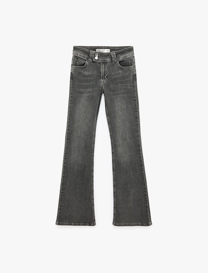  Kemer Detaylı Düşük Bel Dar Kesim İspanyol Paça Jean Pantolon - Flare Jeans