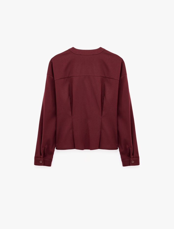 Slim Fit Uzun Kollu Kruvaze V Yaka Pileli Gömlek