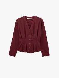 Slim Fit Uzun Kollu Kruvaze V Yaka Pileli Gömlek