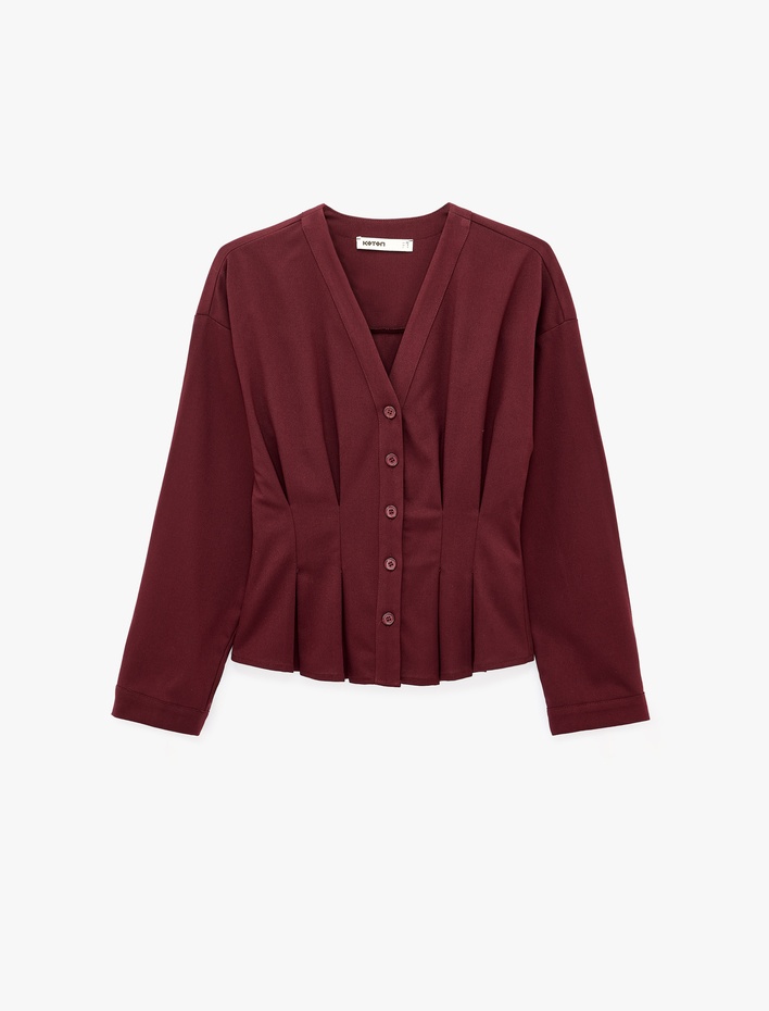  Slim Fit Uzun Kollu Kruvaze V Yaka Pileli Gömlek