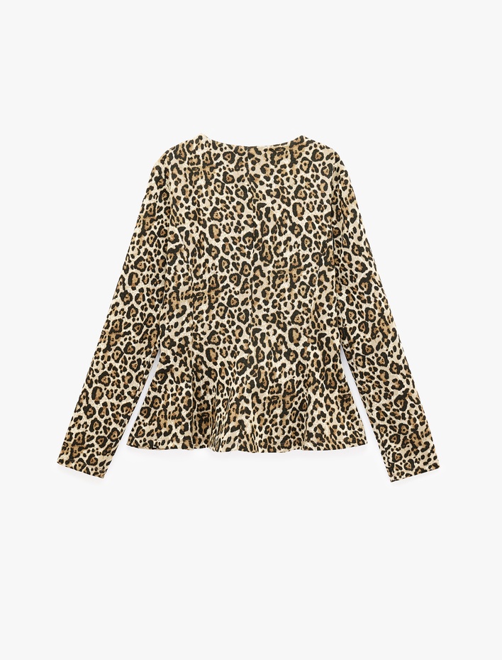  Slim Bisiklet Yaka Uzun Kollu Leopar Desenli Peplum Hırka