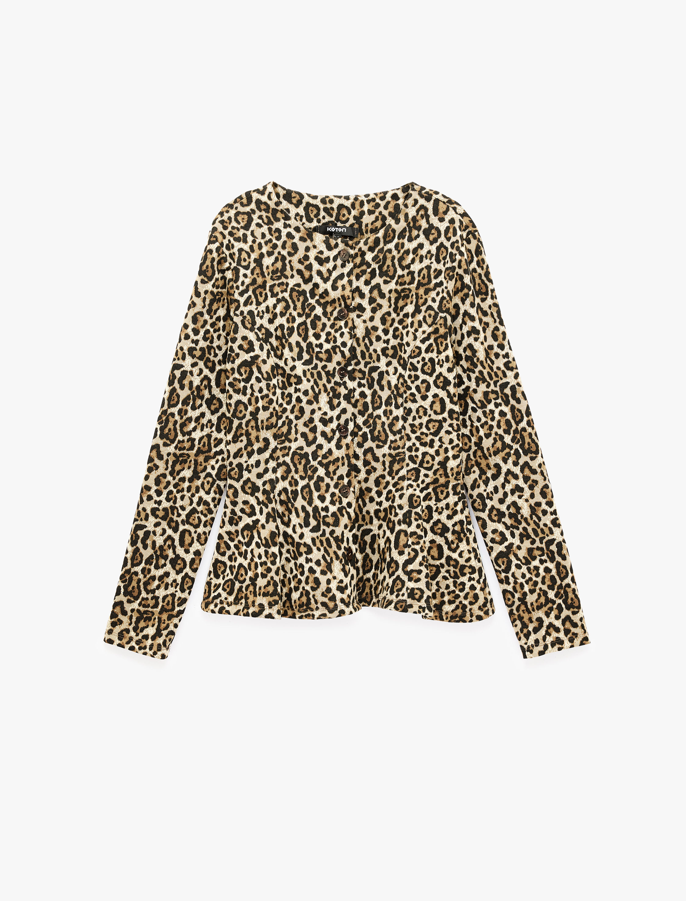   Slim Bisiklet Yaka Uzun Kollu Leopar Desenli Peplum Hırka
