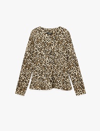 Slim Bisiklet Yaka Uzun Kollu Leopar Desenli Peplum Hırka