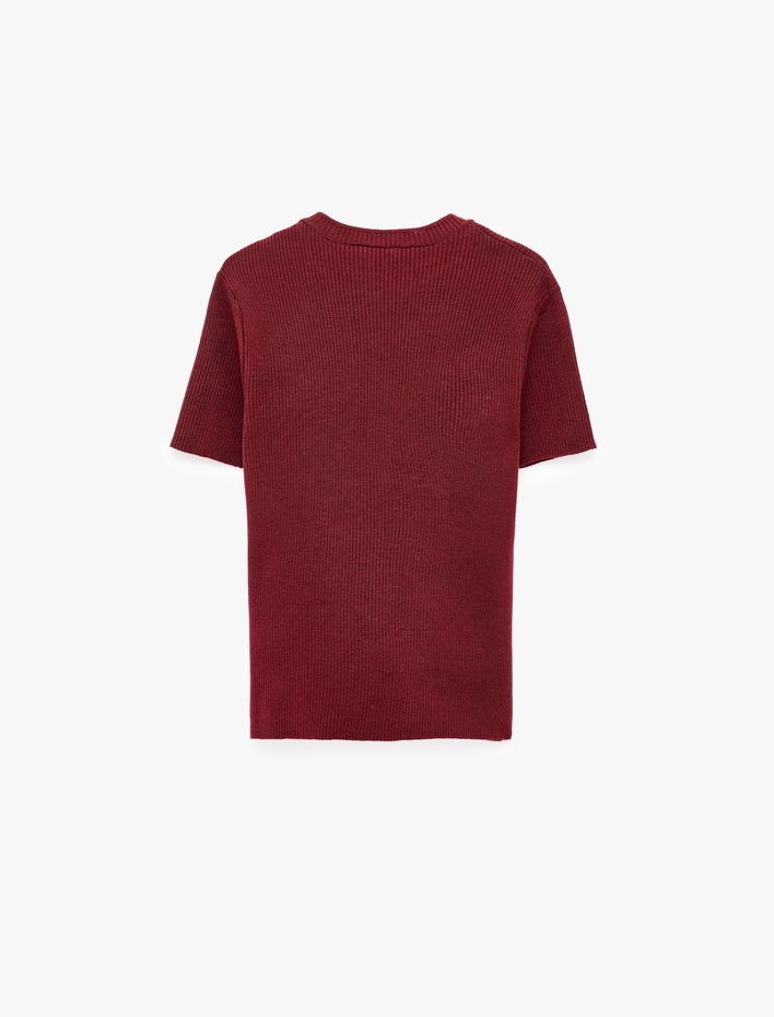  Süslü Düğmeli Mandarin Yaka Kısa Kollu Slim Fit Triko Kazak
