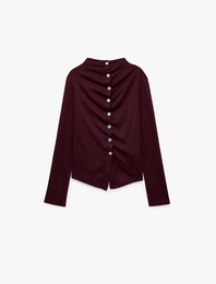 Slim Fit Uzun Kollu Dik Yaka Drapeli Düğmeli Bluz