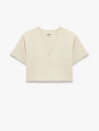 Boxy Fit Kısa Kollu V Yaka Crop Triko Kazak