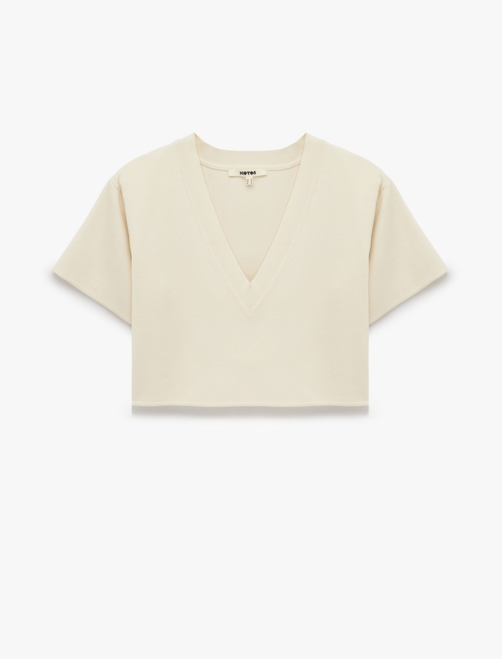  Boxy Fit Kısa Kollu V Yaka Crop Triko Kazak