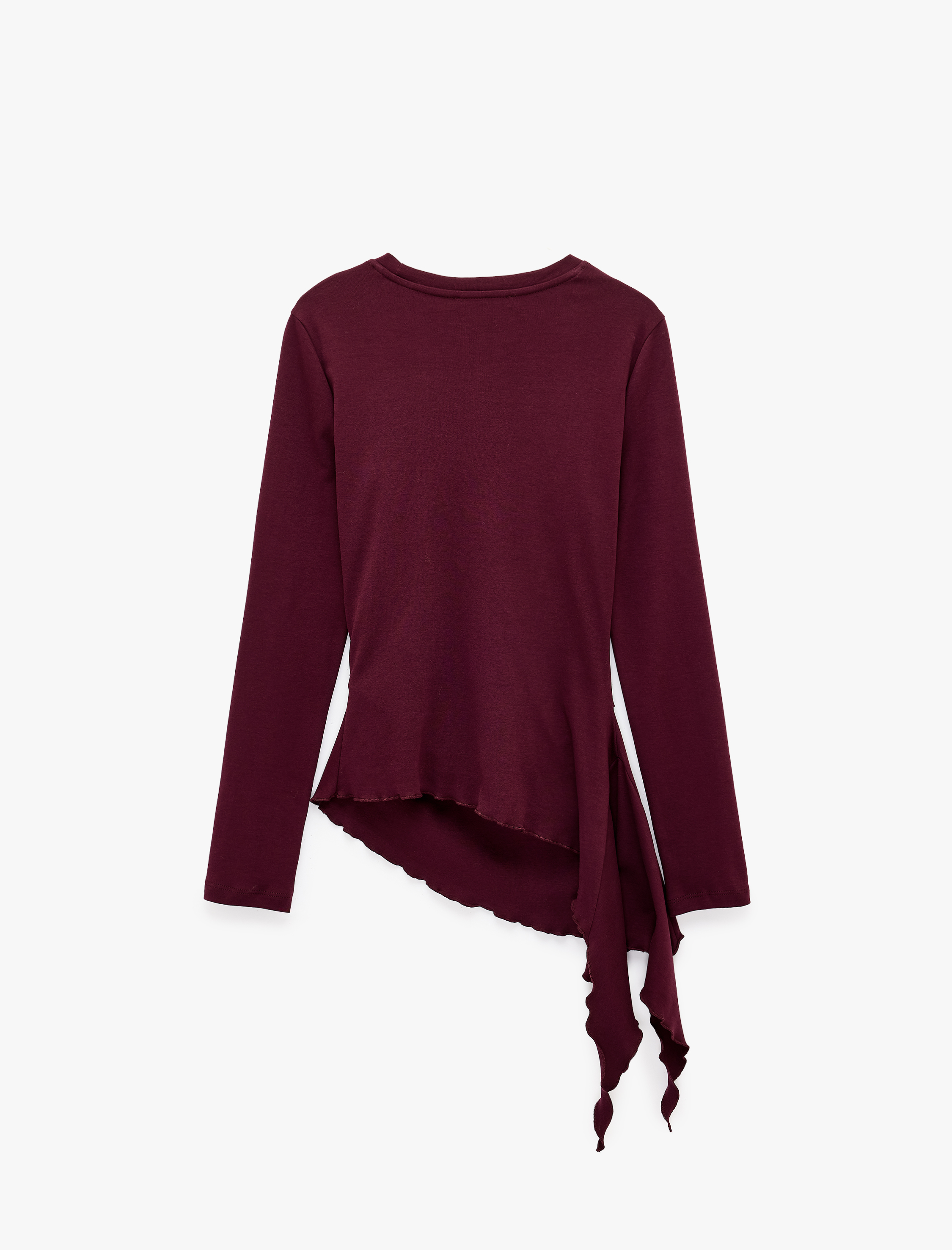   Pamuklu Bisiklet Yaka Uzun Kollu Slim Fit Drapeli Mürdüm Rengi Asimetrik Bluz