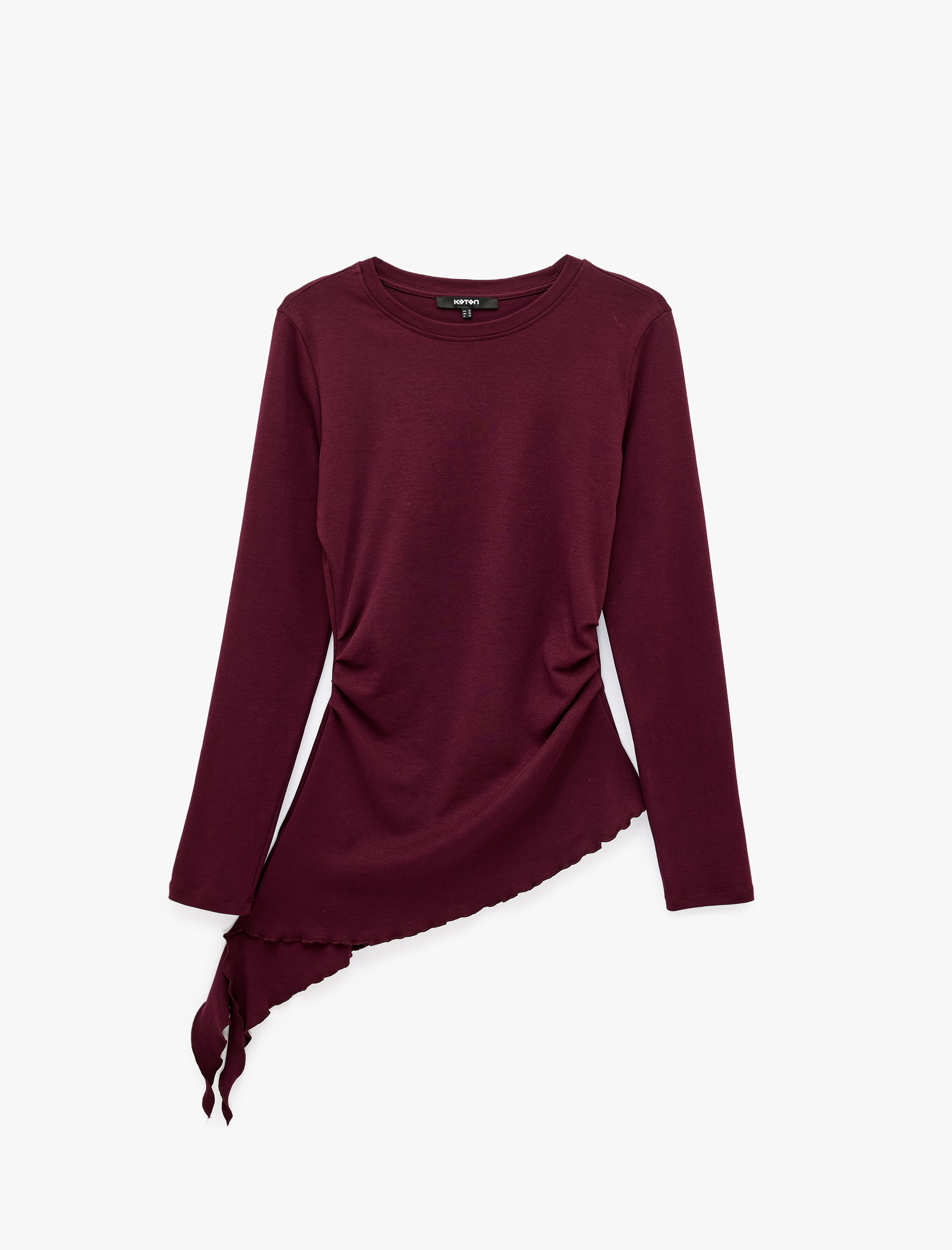   Pamuklu Bisiklet Yaka Uzun Kollu Slim Fit Drapeli Mürdüm Rengi Asimetrik Bluz