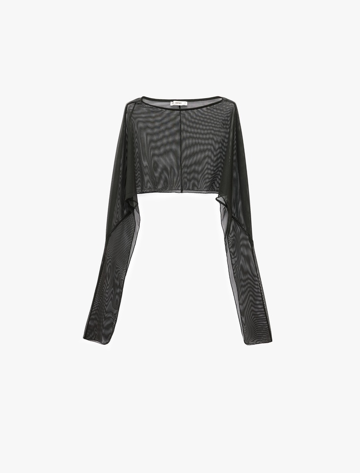  Kayık Yaka Uzun Kollu Crop Tül Bluz