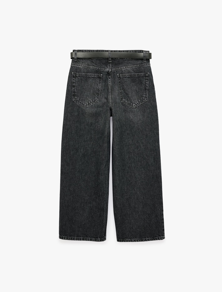  Kemerli Cepli Pamuklu Geniş Paça Jean Pantolon - Bianca Wide Leg Jeans