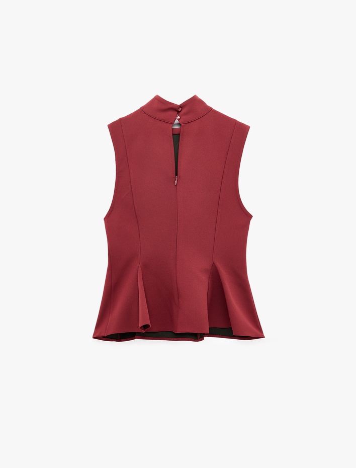  Slim Fit Fermuarlı Dik Yaka Kolsuz Peplum Bluz