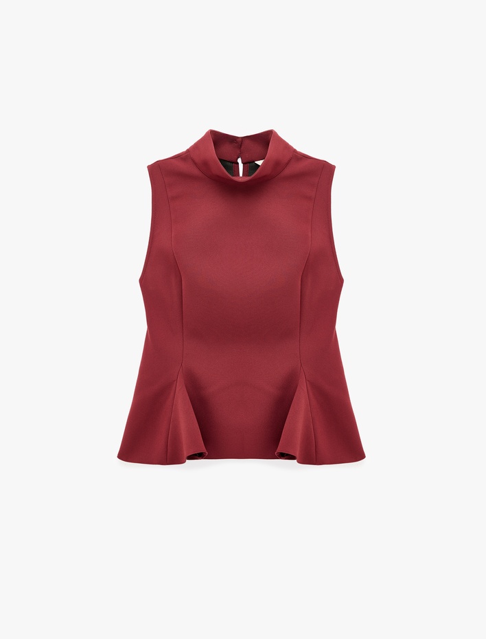  Slim Fit Fermuarlı Dik Yaka Kolsuz Peplum Bluz