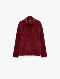 Uzun Kollu Dikiş Detaylı Çıtçıtlı Dik Yaka Polar Sweatshirt