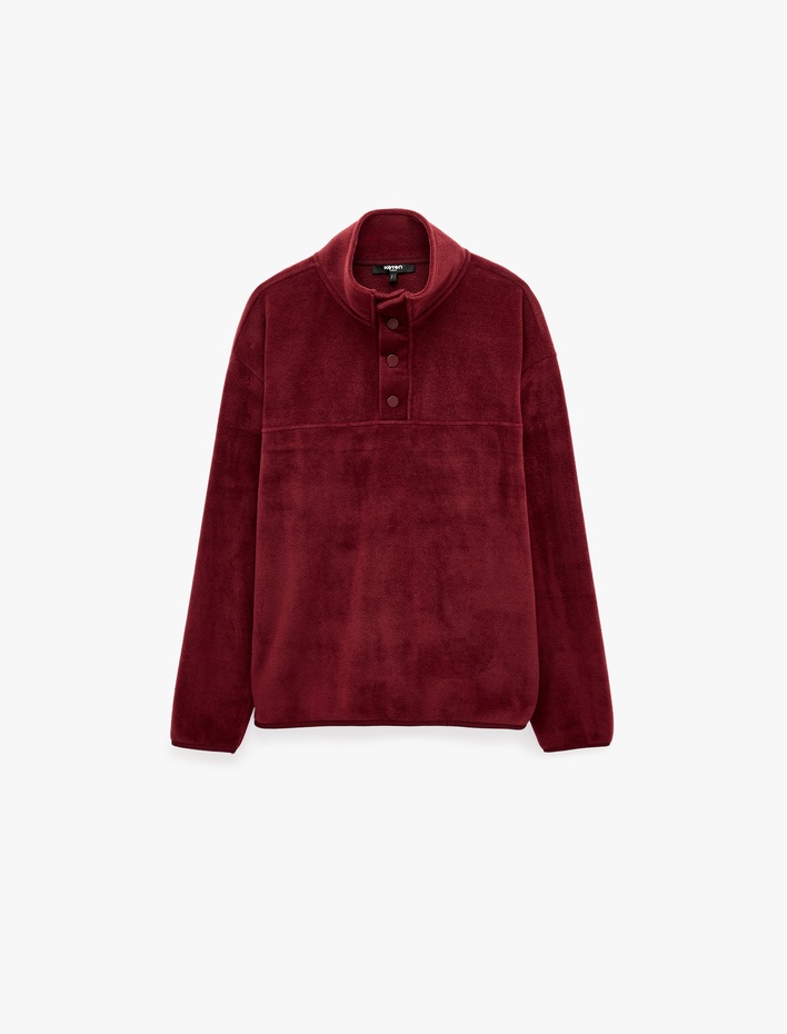  Uzun Kollu Dikiş Detaylı Çıtçıtlı Dik Yaka Polar Sweatshirt