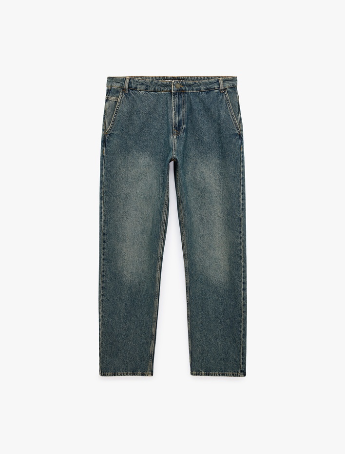  Pamuklu Cepli Normal Bel Vintage Straight Fit Jean Pantolon