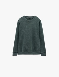 Uzun Kollu Üç İplik Şardonlu Yıkamalı Bisiklet Yaka Sweatshirt