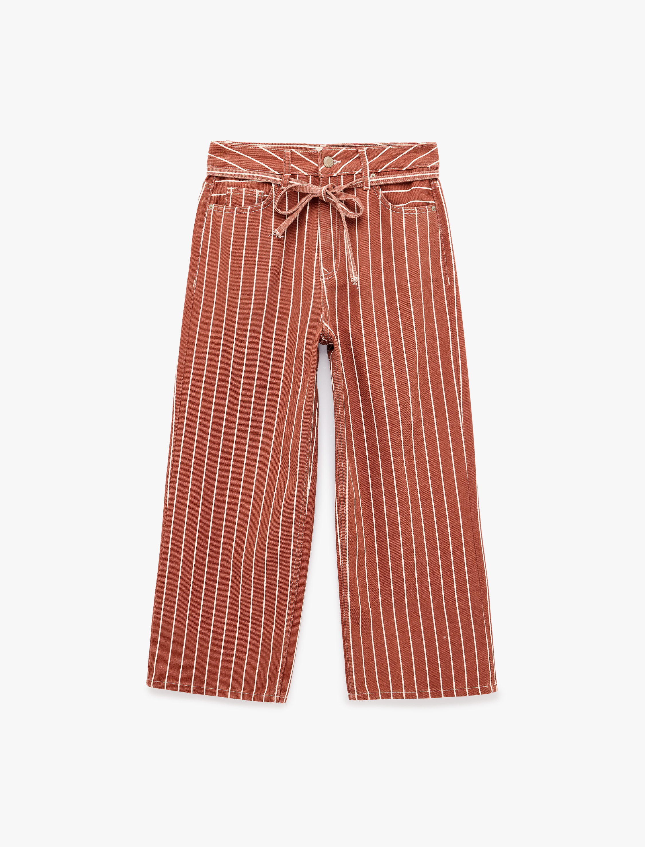   Beli Bağcıklı Pamuklu Çizgili Geniş Paça Pantolon