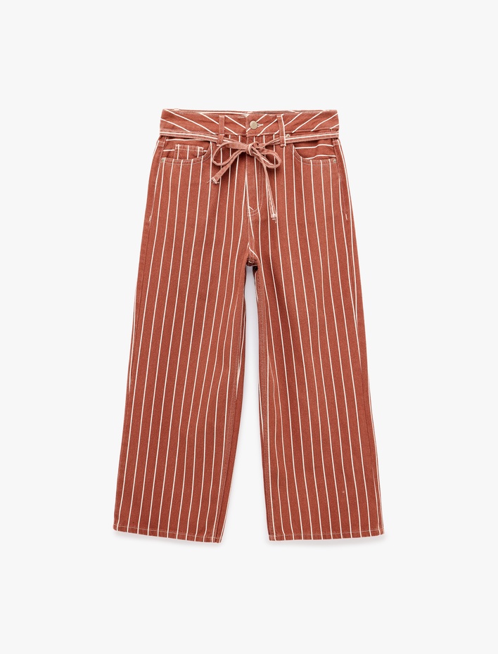  Beli Bağcıklı Pamuklu Çizgili Geniş Paça Pantolon