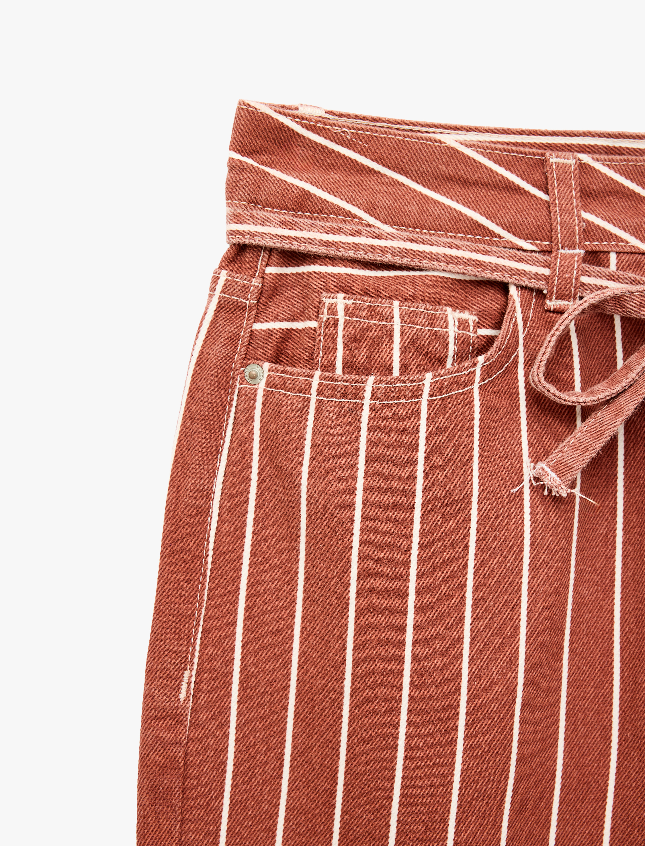   Beli Bağcıklı Pamuklu Çizgili Geniş Paça Pantolon