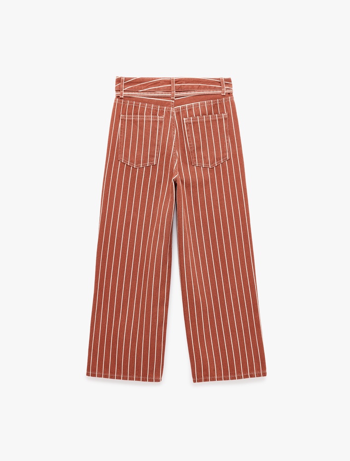  Beli Bağcıklı Pamuklu Çizgili Geniş Paça Pantolon