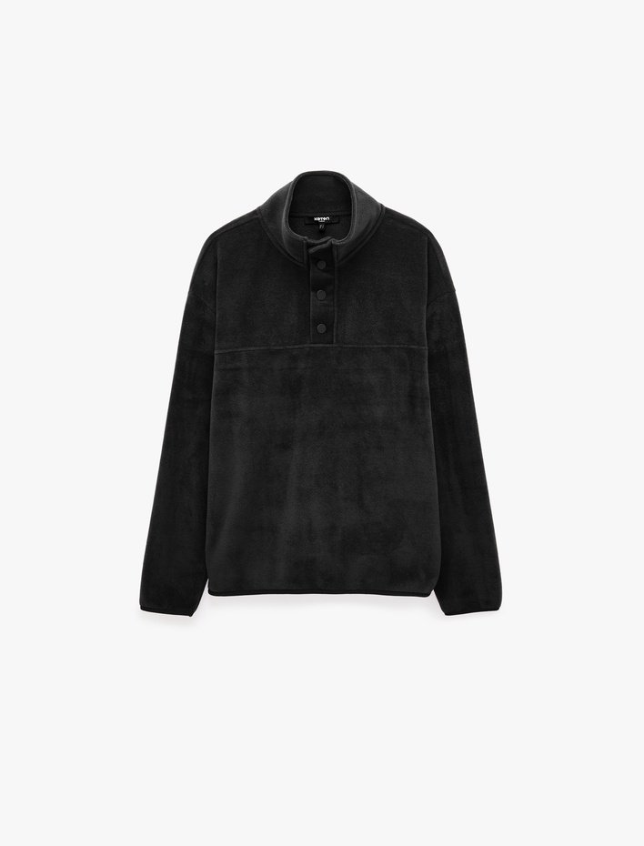 Uzun Kollu Dikiş Detaylı Çıtçıtlı Dik Yaka Polar Sweatshirt