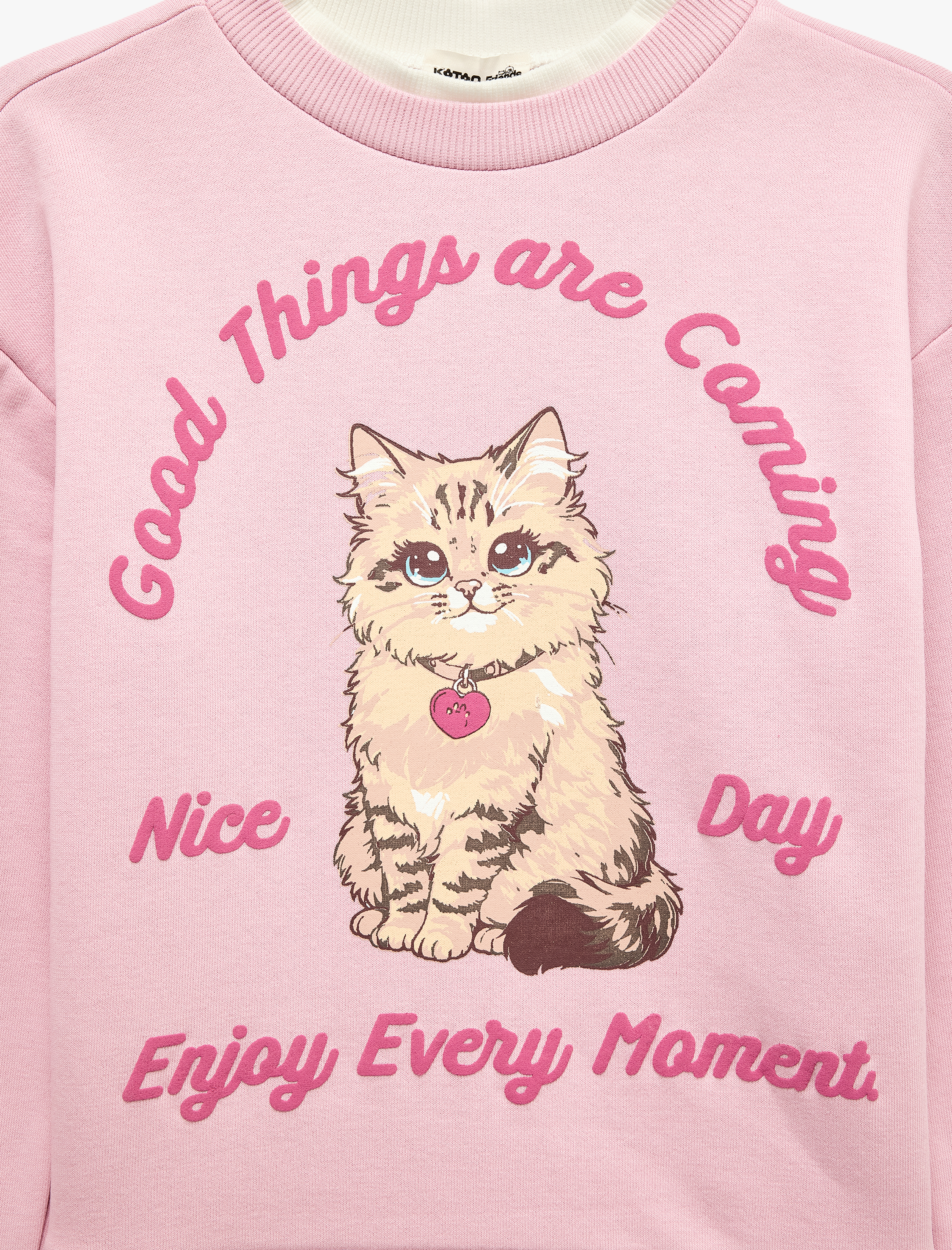  Kız Çocuk Kedi Baskılı Şardonlu Bisiklet Yaka Uzun Kollu Sweatshirt
