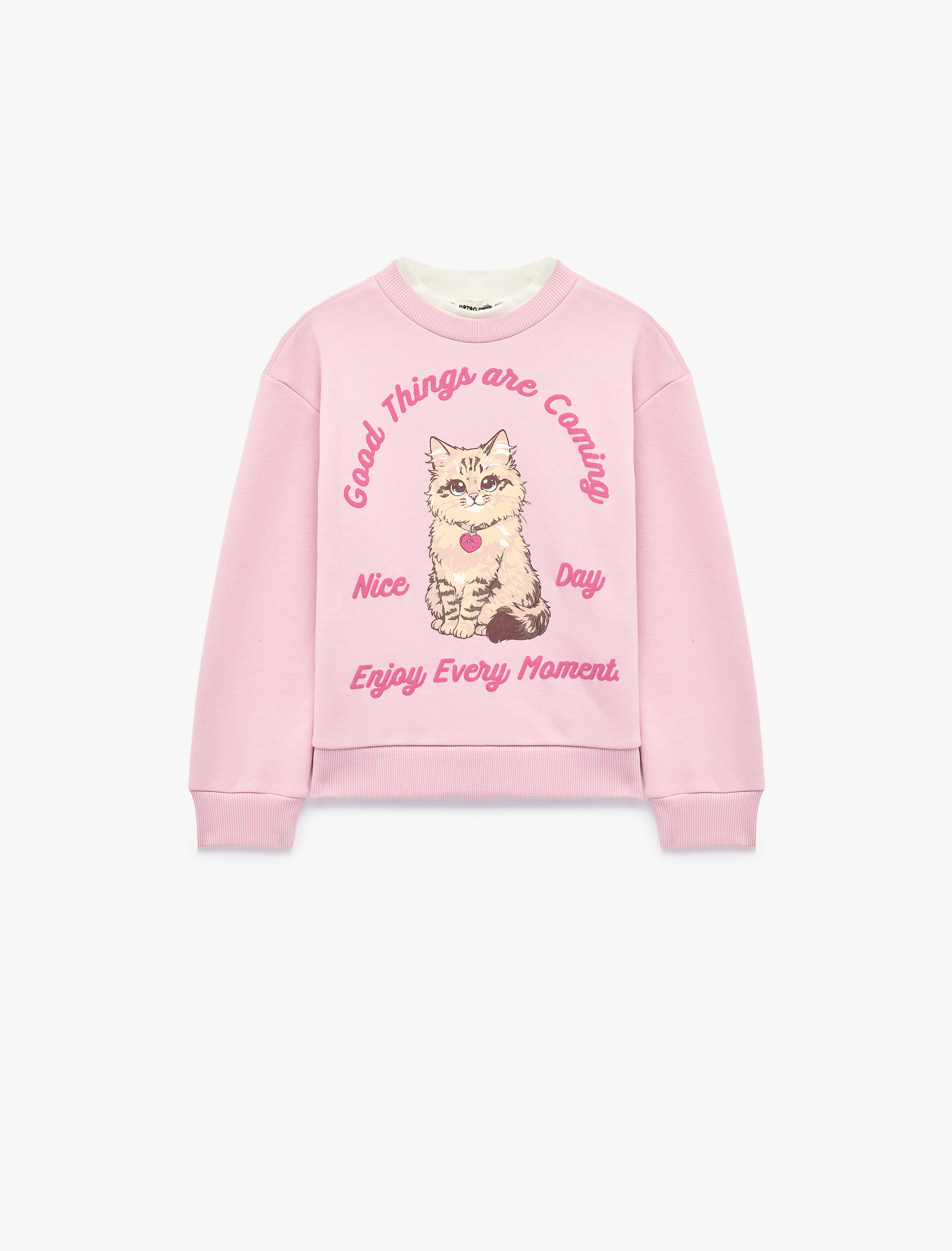  Kız Çocuk Kedi Baskılı Şardonlu Bisiklet Yaka Uzun Kollu Sweatshirt