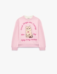 Kedi Baskılı Şardonlu Bisiklet Yaka Uzun Kollu Sweatshirt