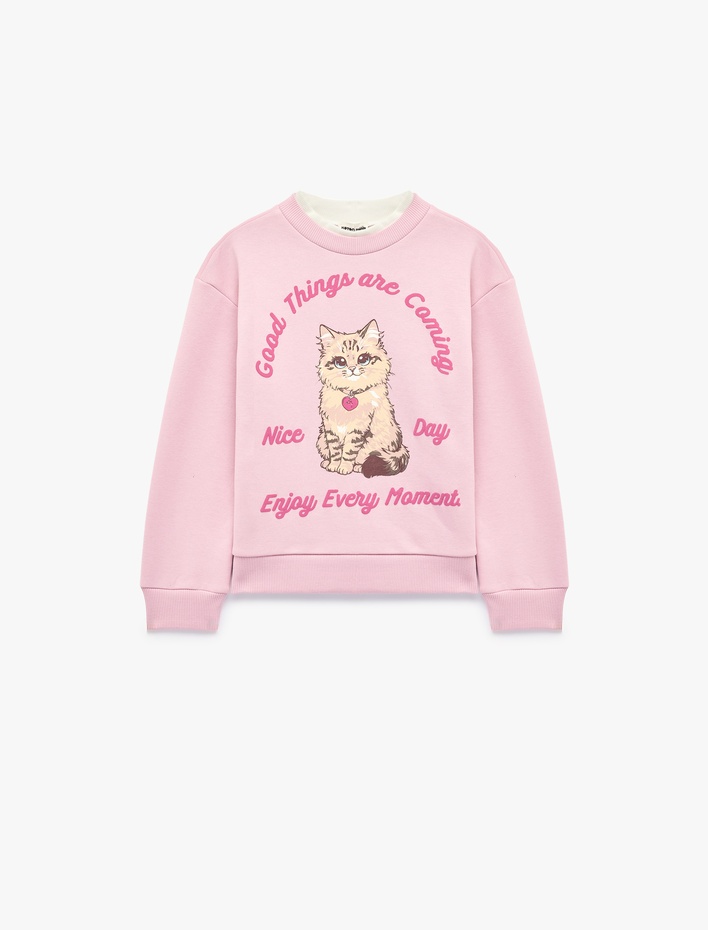 Kız Çocuk Kedi Baskılı Şardonlu Bisiklet Yaka Uzun Kollu Sweatshirt