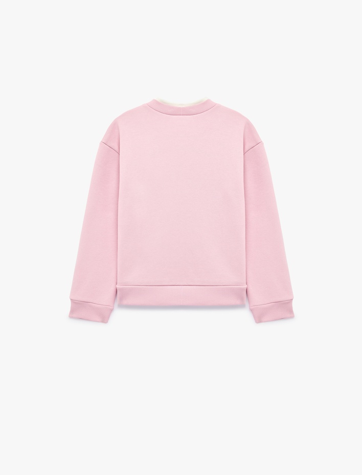 Kız Çocuk Kedi Baskılı Şardonlu Bisiklet Yaka Uzun Kollu Sweatshirt