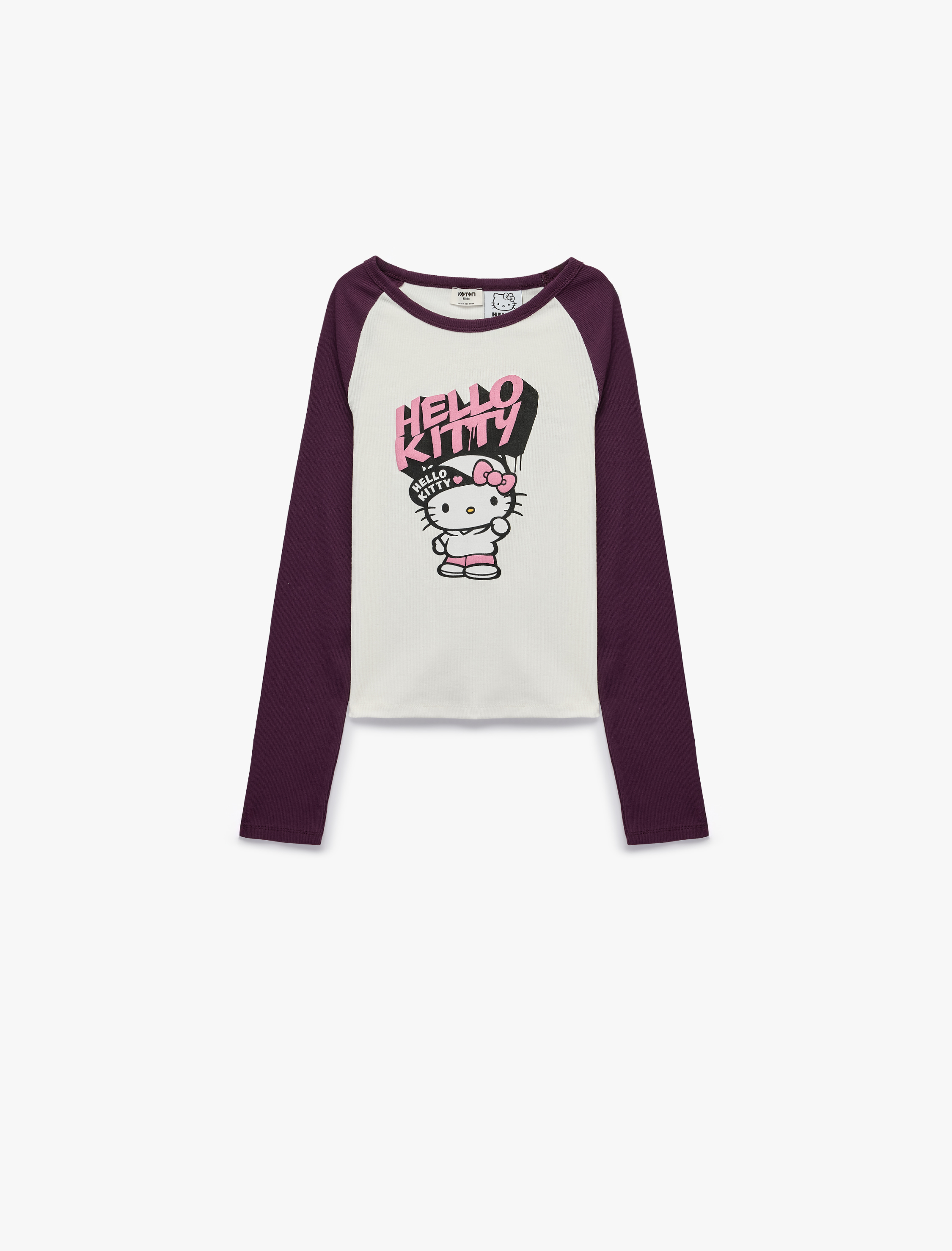  Kız Çocuk Hello Kitty Baskılı Pamuklu Kaşkorse Bisiklet Yaka Uzun Kollu Lisanslı Crop Tişört