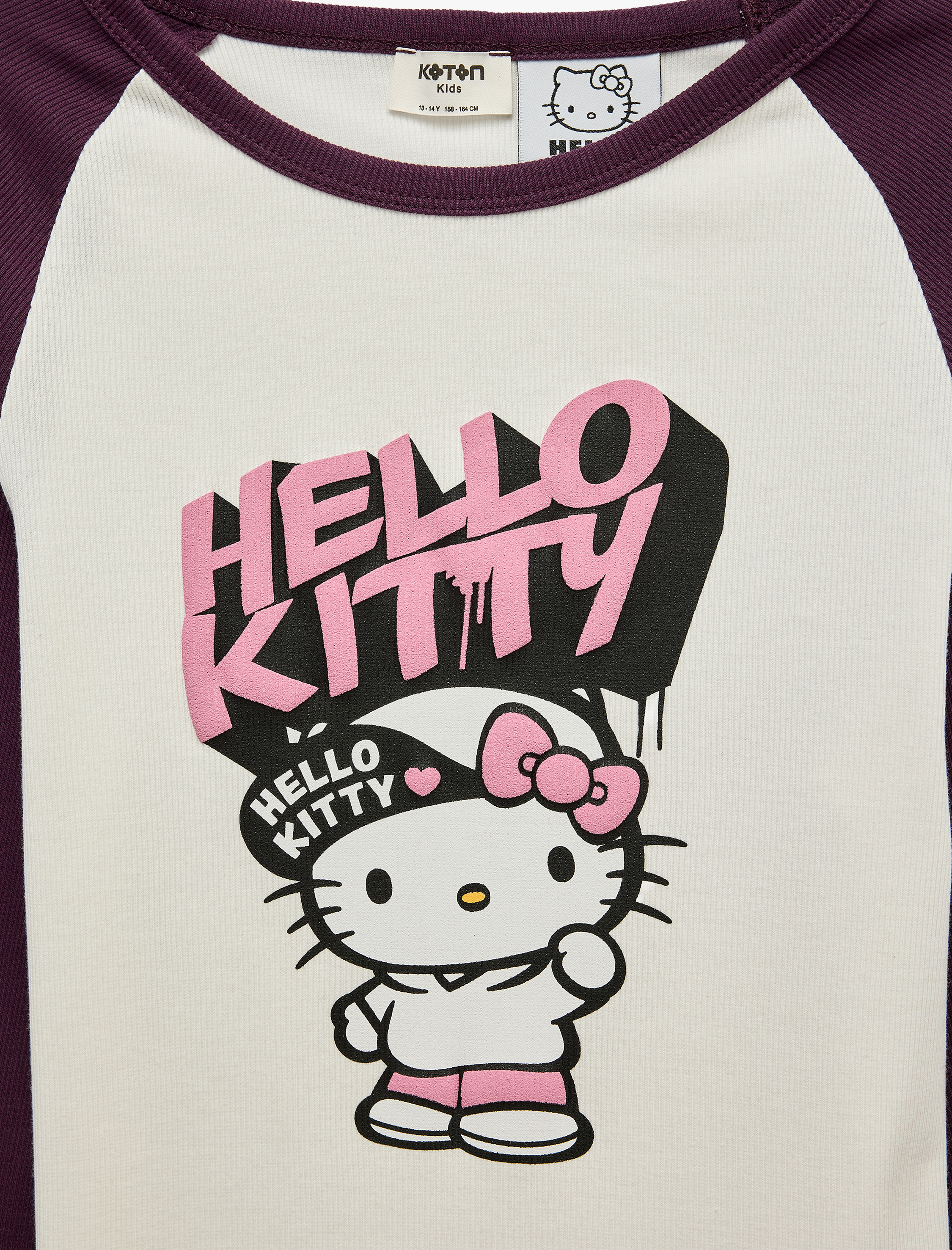  Kız Çocuk Hello Kitty Baskılı Pamuklu Kaşkorse Bisiklet Yaka Uzun Kollu Lisanslı Crop Tişört