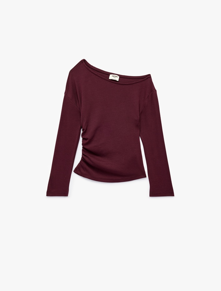Kız Çocuk Büzgülü Slim Fit Asimetrik Yaka Uzun Kollu Tişört