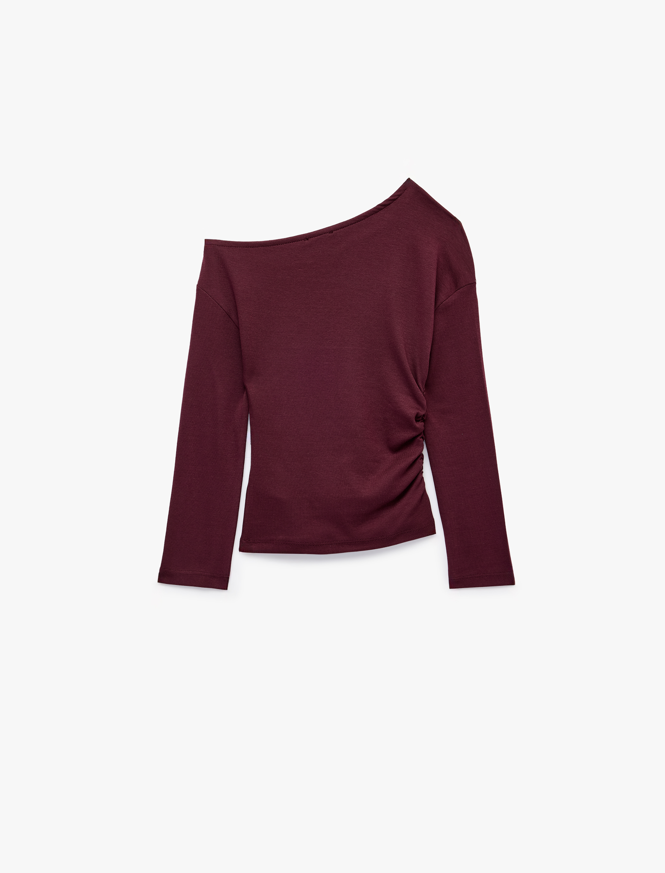  Kız Çocuk Büzgülü Slim Fit Asimetrik Yaka Uzun Kollu Tişört