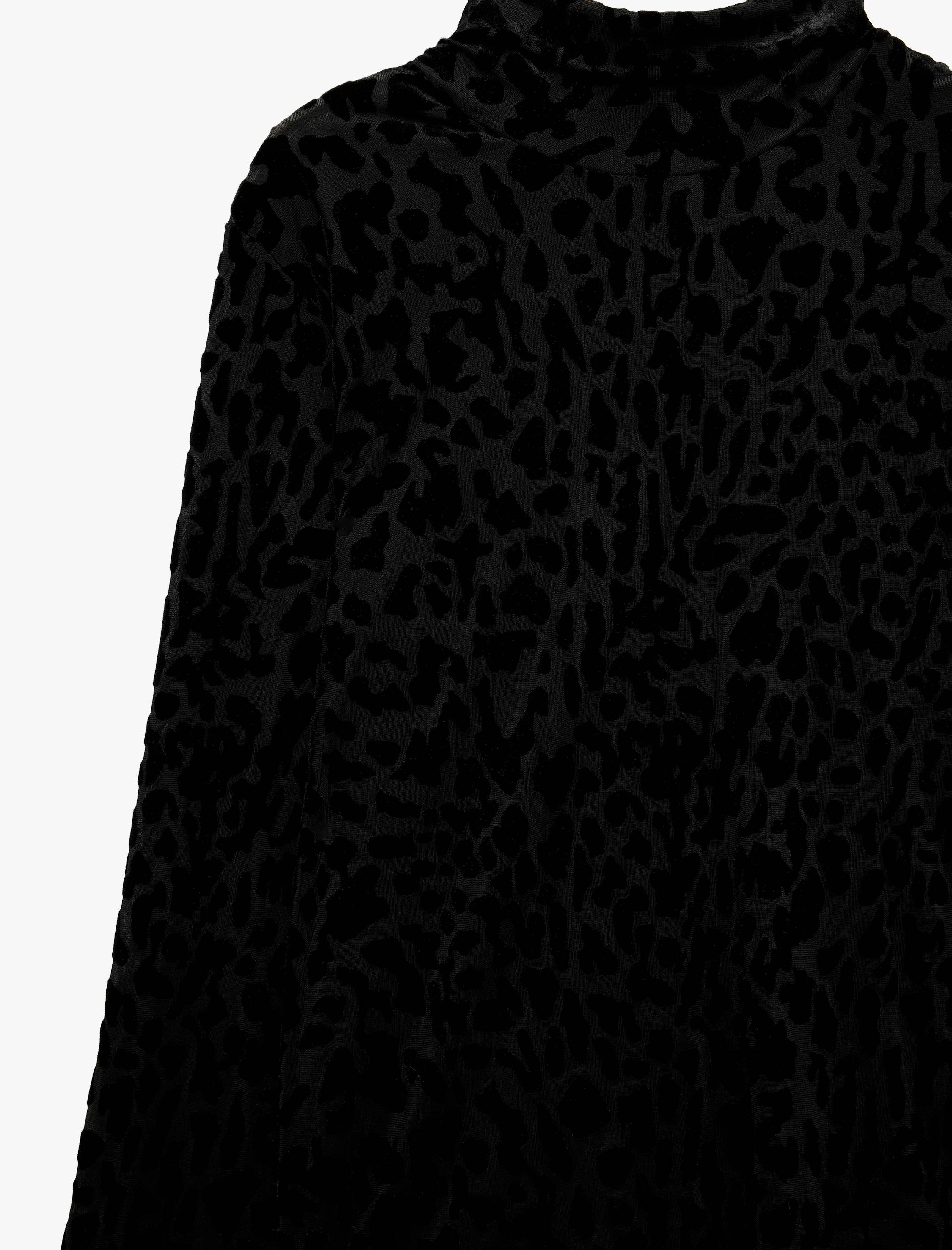   Yarı Transparan Dik Yaka Kadife Leopar Desenli Uzun Kollu Tül Tişört
