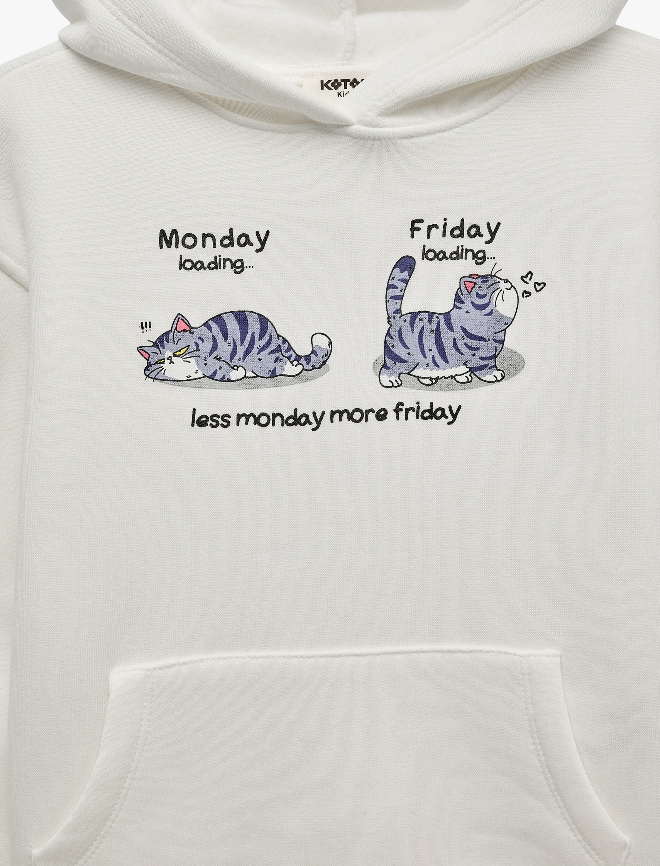  Kız Çocuk Kedi Baskılı Şardonlu Cepli Uzun Kollu Kapşonlu Sweatshirt