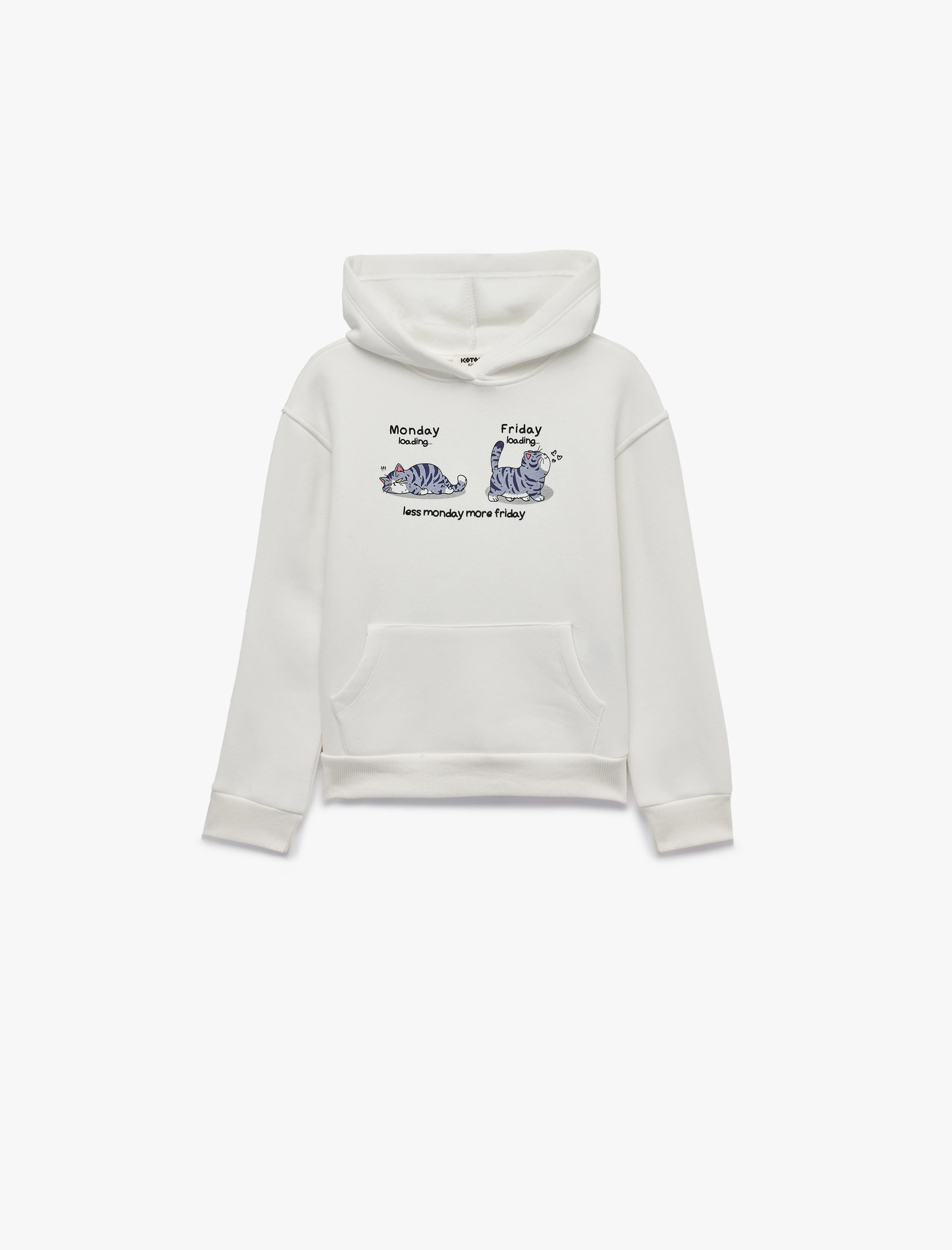  Kız Çocuk Kedi Baskılı Şardonlu Cepli Uzun Kollu Kapşonlu Sweatshirt
