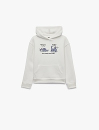 Kedi Baskılı Şardonlu Cepli Uzun Kollu Kapşonlu Sweatshirt